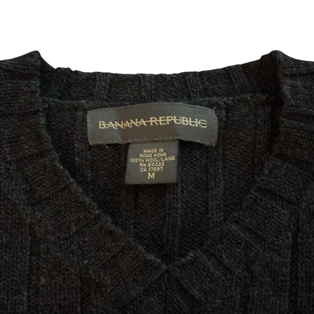 Vintage Banana Republic V Neck Wide Ribbed Wool Sweater Gray Medium Hong Kong
